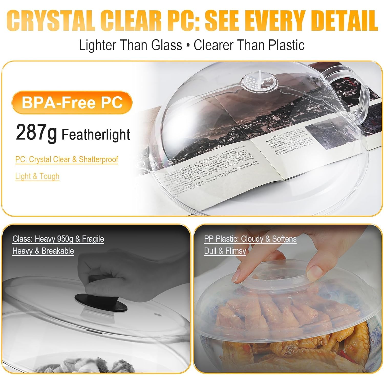 Microwave Splatter Cover for Food,Clear Microwave Splash Guard Cooker lid with Handle,Dish bowl Plate Serving Cover Home Kitchen Essential,BPA-Free,Saft Plastic
