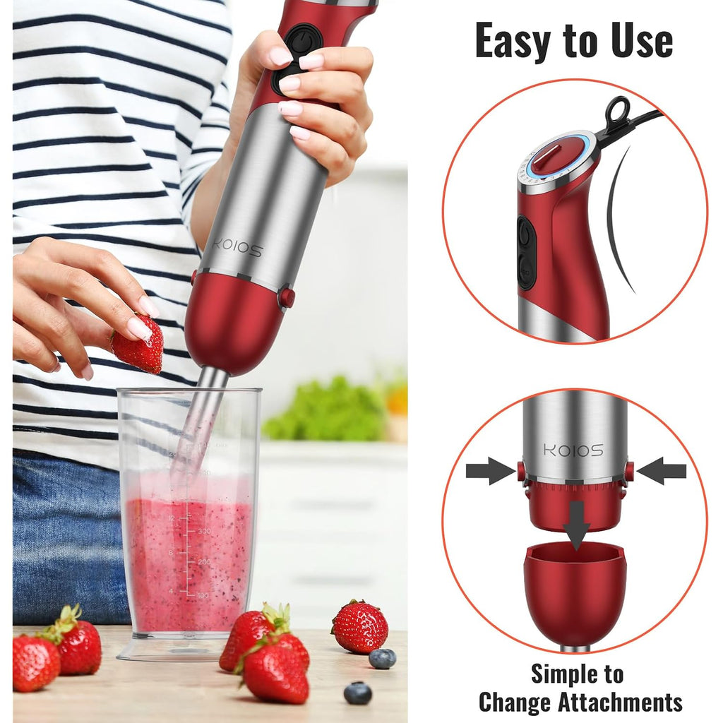 Koios 5-In-1 Hand Immersion Blender, 1000W 12 Speed Handheld Blender Stick With Copper Motor Stainless Steel Blade, 600Ml Mixing Beaker,500Ml Food Processor, Whisk, Milk Frother, Non-Bpa, Red