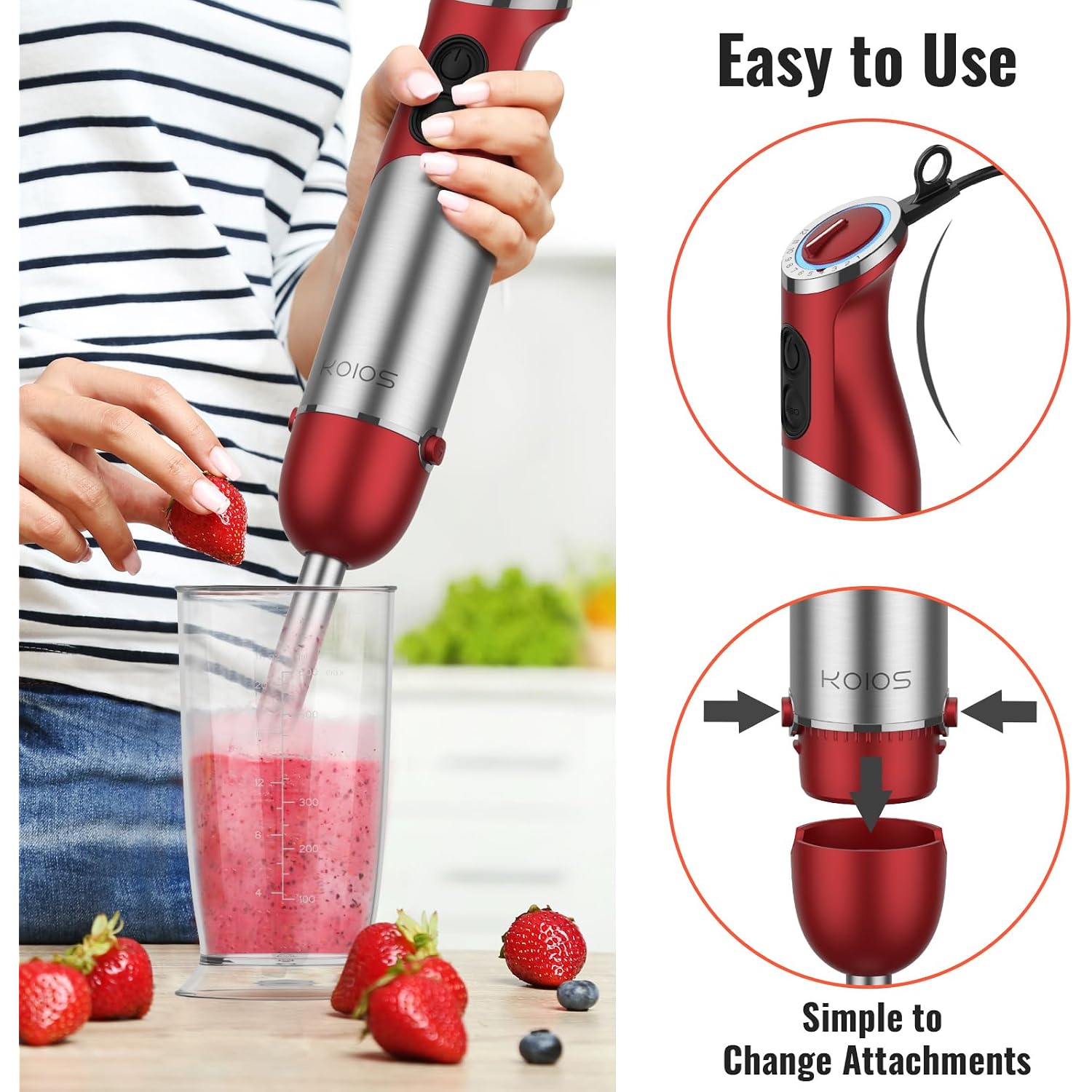 Koios 5-In-1 Hand Immersion Blender, 1000W 12 Speed Handheld Blender Stick With Copper Motor Stainless Steel Blade, 600Ml Mixing Beaker,500Ml Food Processor, Whisk, Milk Frother, Non-Bpa, Red