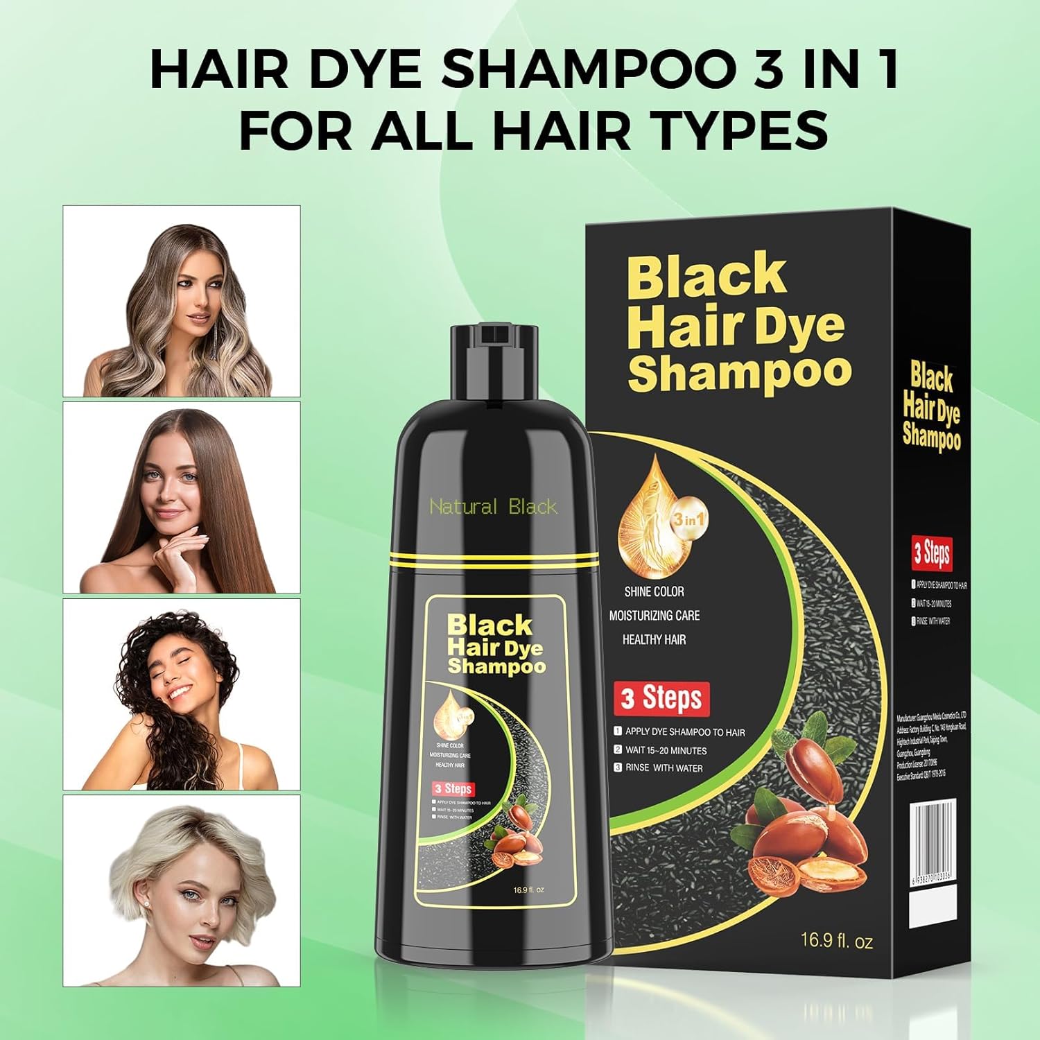 Black Hair Dye Shampoo for Woman & Man, Argan Hair Color Shampoo 3 in 1, Semi-Permanent Gray Hair Coverage, Mild Formula, Lasts 30 Days(16.90 oz)