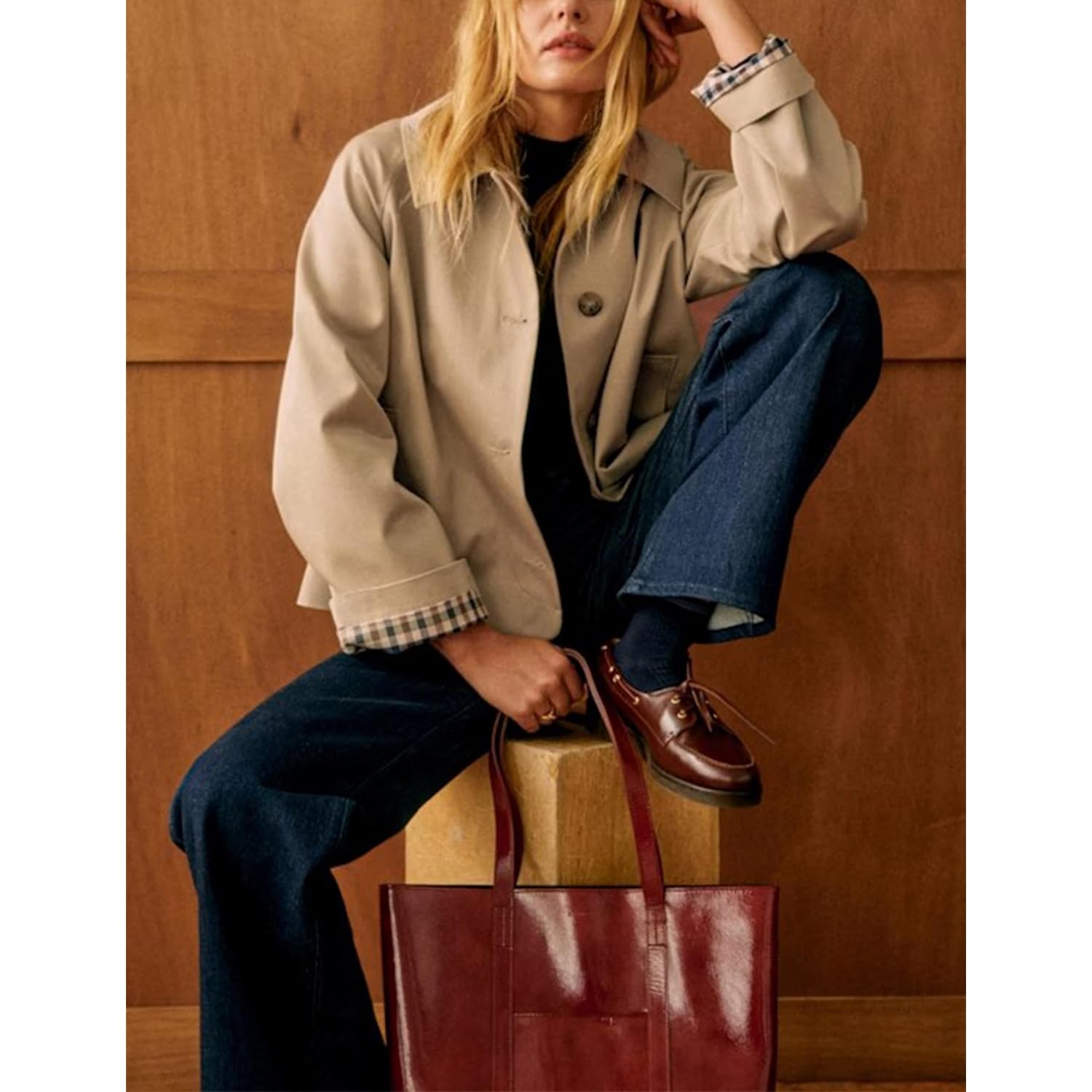 Women Oversize Trench Coat Plaid Lining Lapel Button Down Casual Crop Jacket Outwear With Pockets