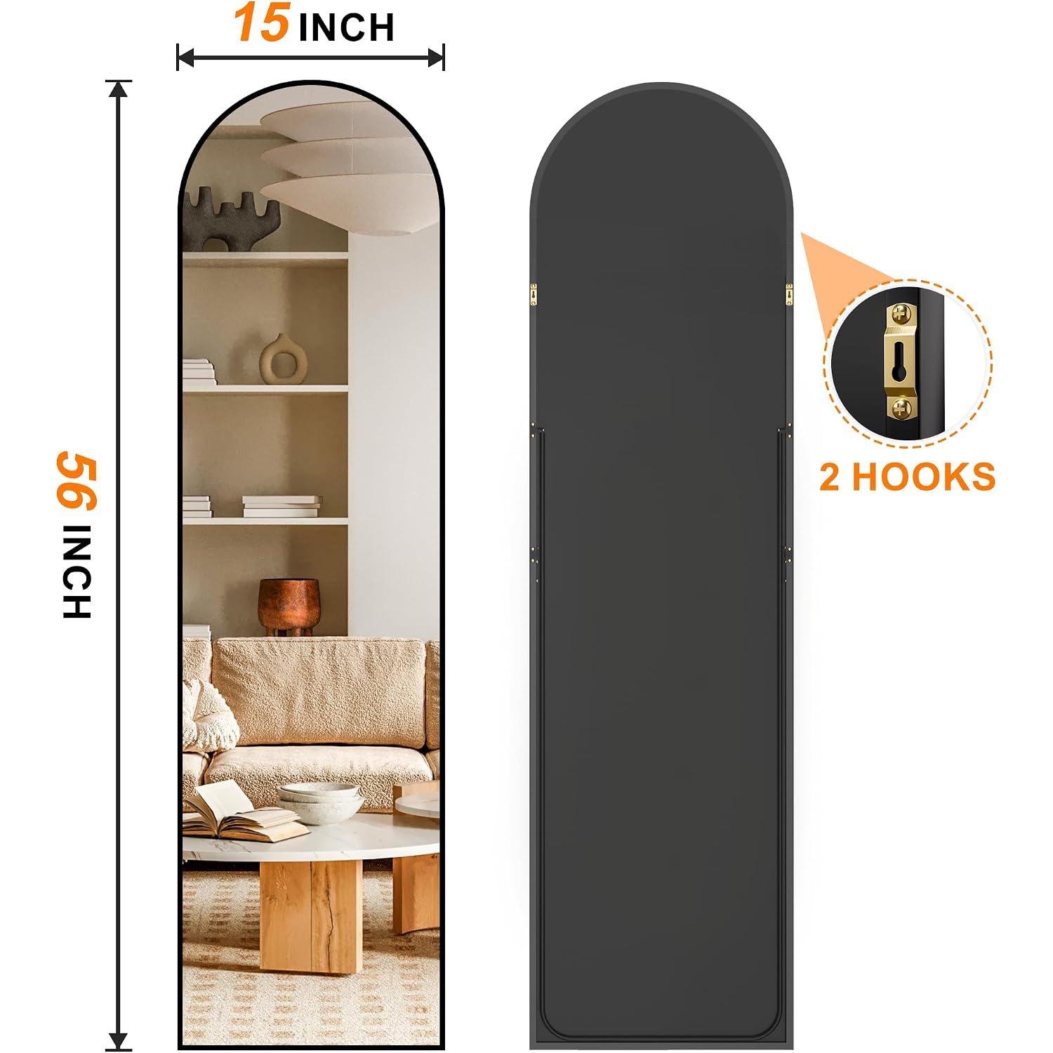 Arched Full Length Mirror, 56"X15" Standing Body Mirror For Wall, With Aluminum Alloy Frame For Bedroom, Living Room, Dressing Room(Black)