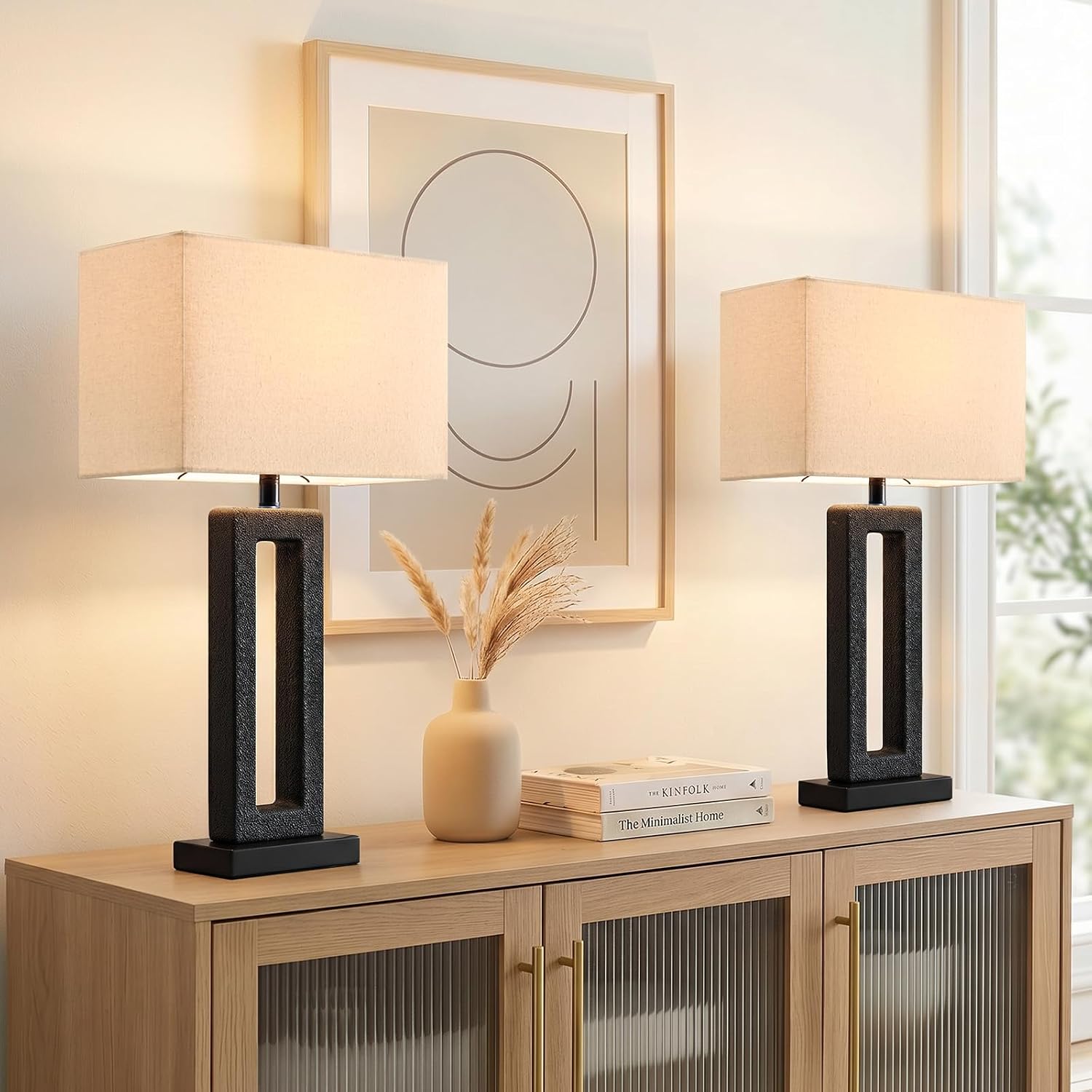 22" Matte Black Textured Ceramic Table Lamps Set Of 2, Modern Bedside Lamps With Linen Shade, 5Ft Cord Inline Rotary Gear Switch E26 Nightstand Lamp For Bedroom Living Room Entryway Decor