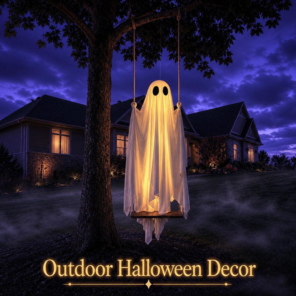 Halloween Decorations Outdoor - 5Ft Large Hanging Ghost Swing With Remote Control String Lights & Upgraded Sheet, Scary Ghost Halloween Party Decor Outside For Tree Porch Yard Garden Lawn