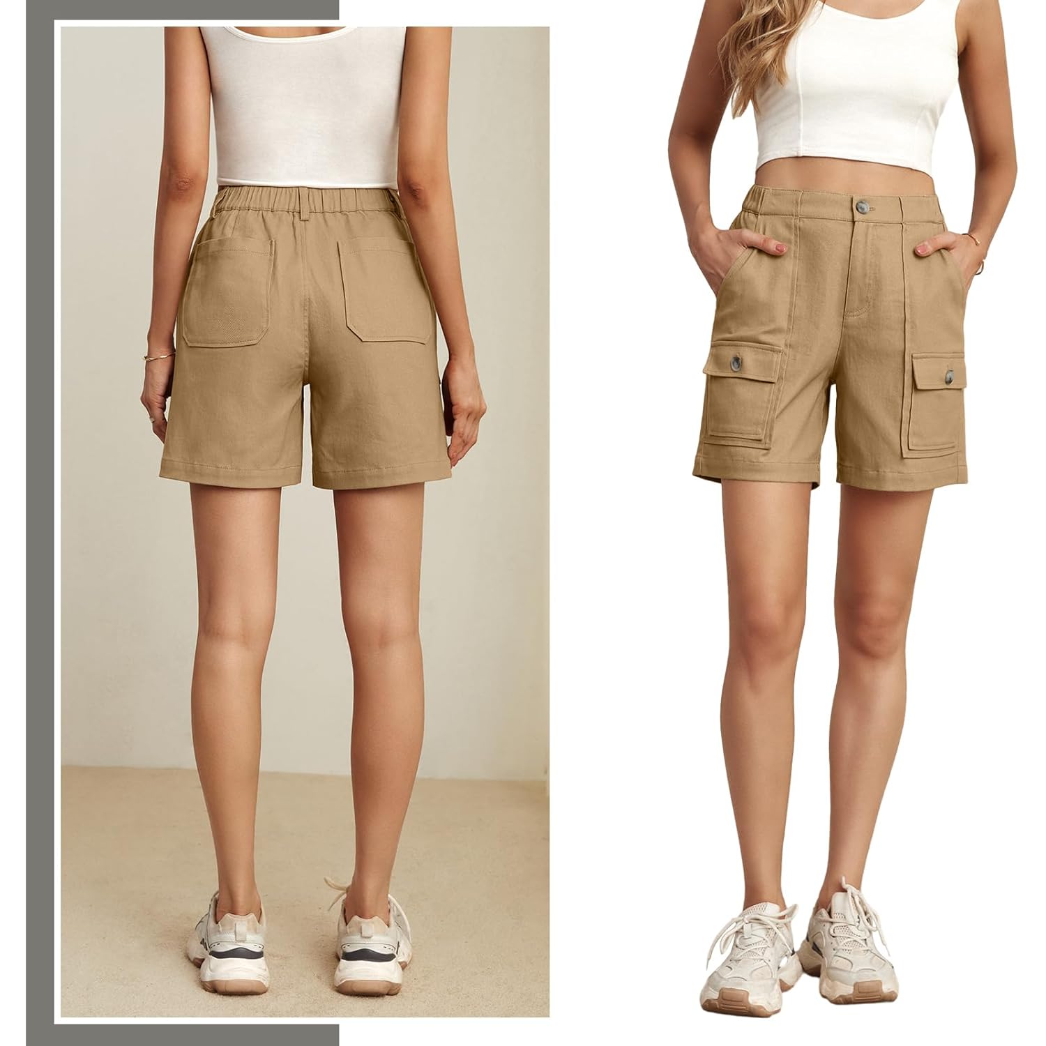 Cargo Shorts for Women Baggy Casual Elastic Waist Shorts Relaxed Fit Stretch Cargo Shorts with 6 Pockets