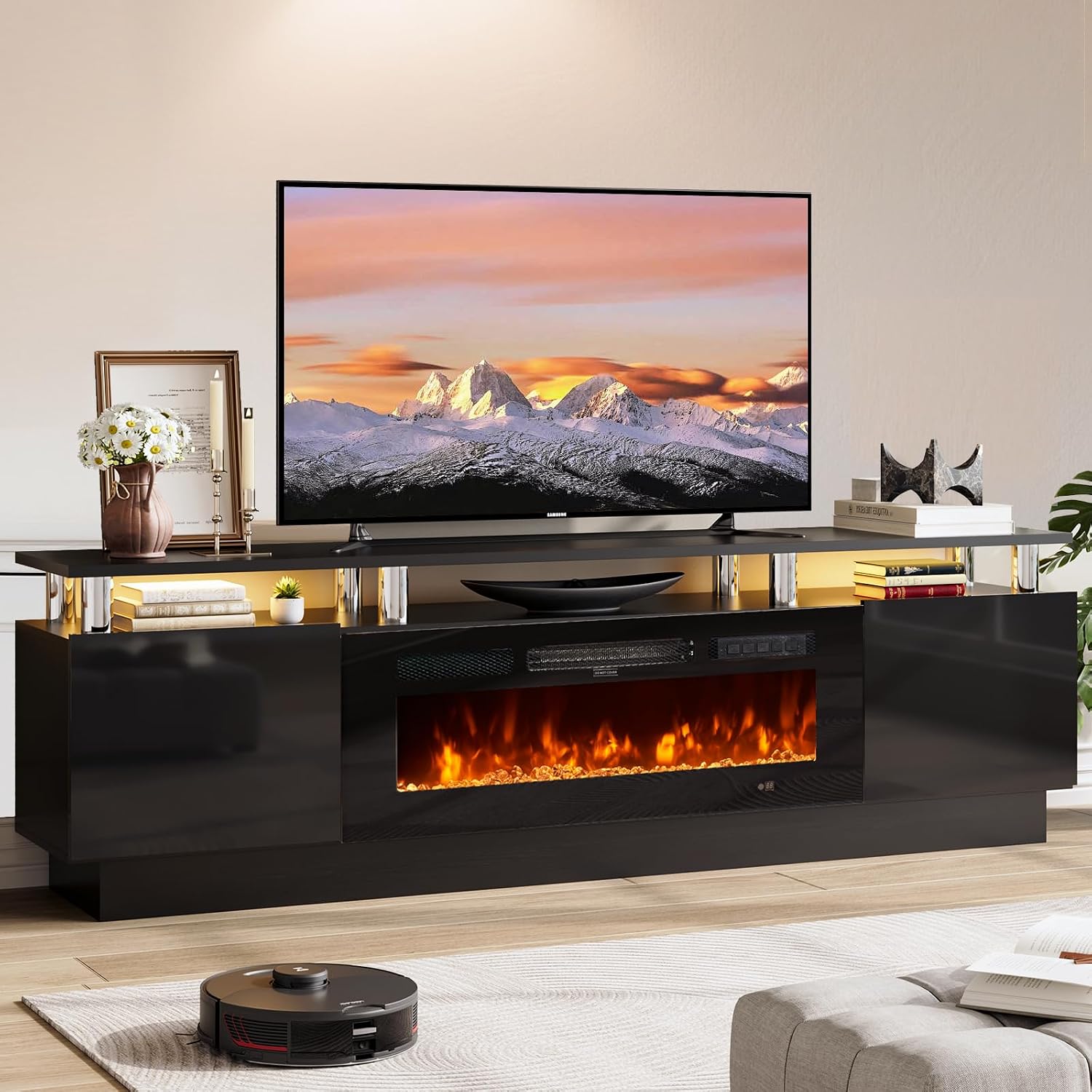 70" Tv Stand For Living Room, Modern Entertainment Center & Media Console, Fits Tvs Up To 80", Storage Cabinet With Shelves, 36" Electric Fireplace With Led Flame (All Black)