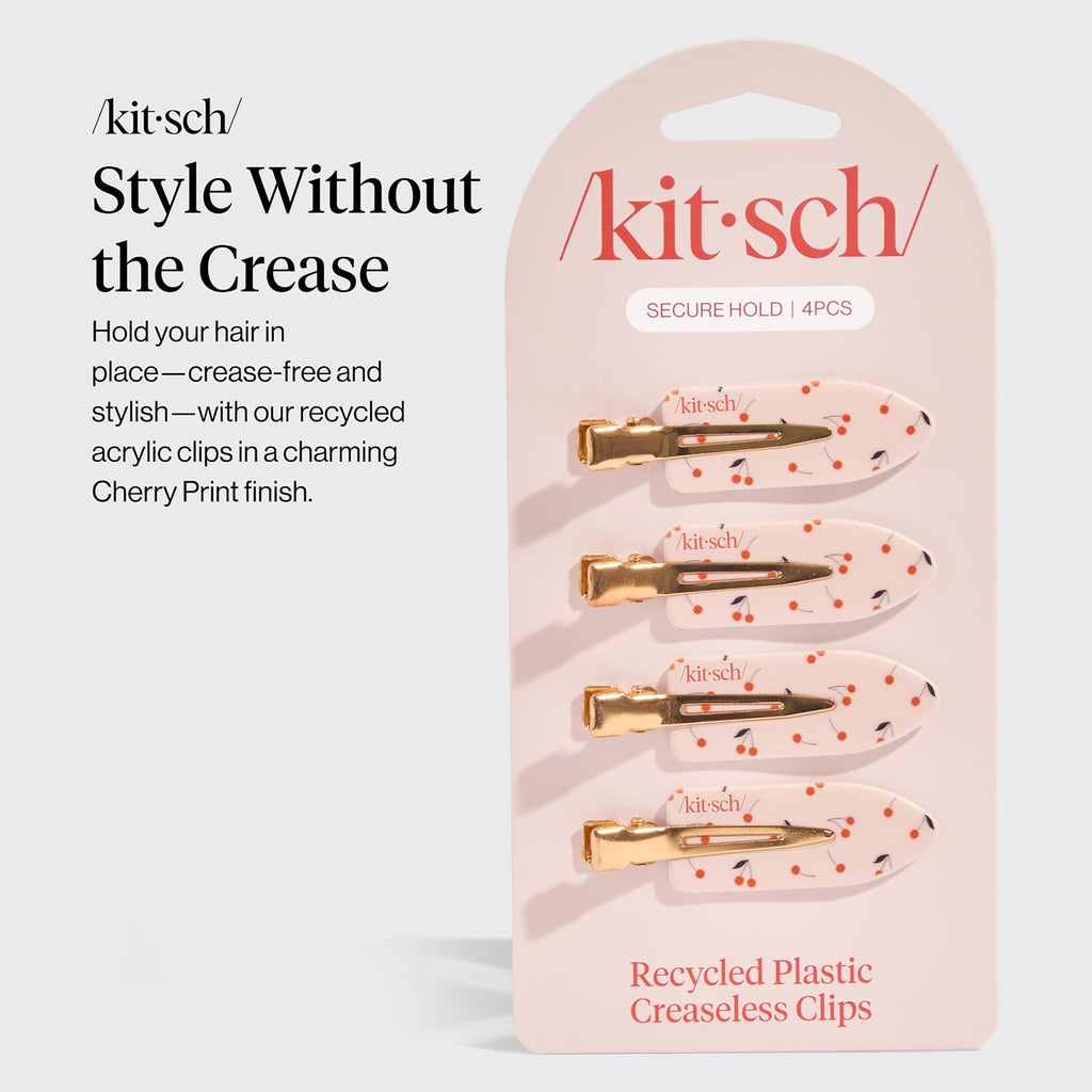 Kitsch Creaseless Hair Clips For Women - No Crease, No Bend Hair Clips For Styling, Bangs, Makeup Application, Face Wash - Recycled Acrylic - Cherry Print, 4Pcs