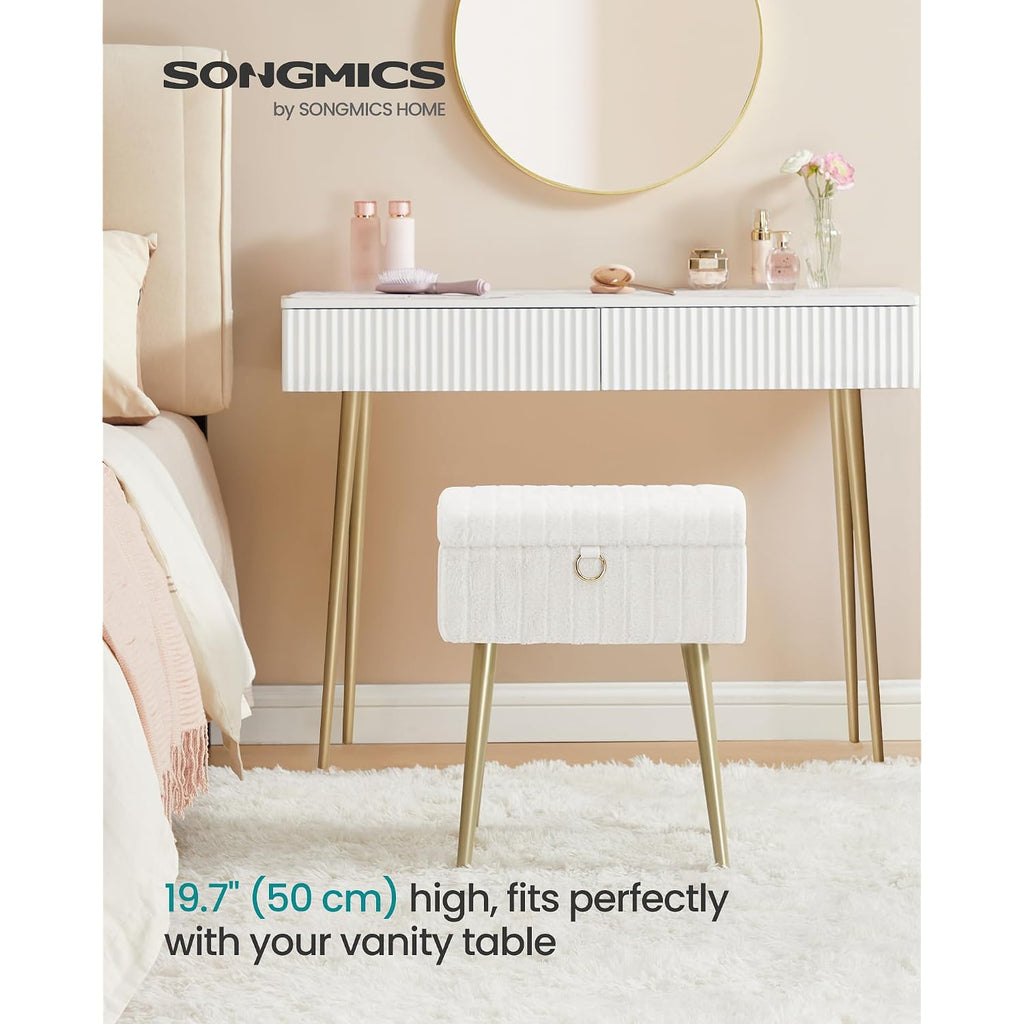 Songmics Vanity Stool Chair Faux Fur With Storage, Vanity Bench, Metal Legs, Adjustable Feet, For Living Room, Bedroom, Makeup Room, Cream White Ulom505Wz02