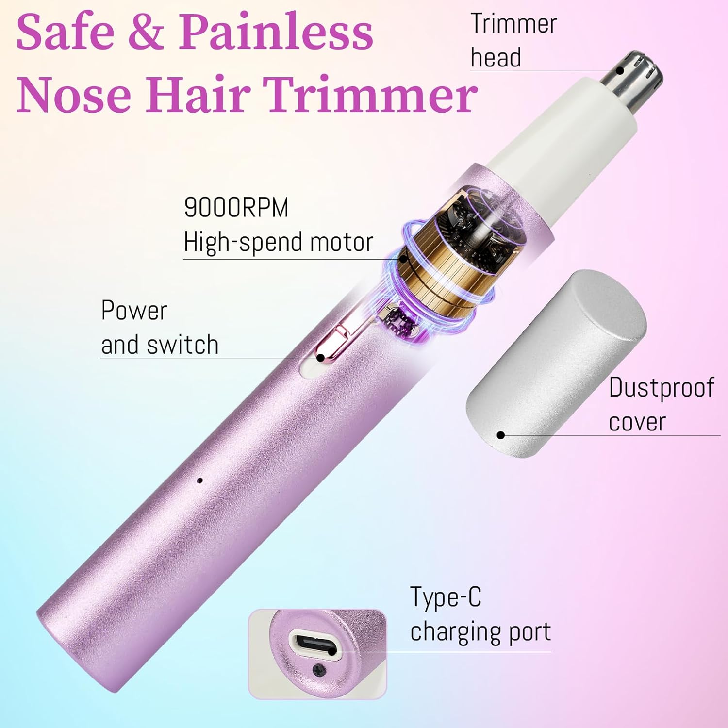2026 Rechargeable Nose & Ear Hair Trimmer, Dual-Edge Blade Electric Clipper for Women Men, Facial & Eyebrow Hair Removal Tool, Powerful Motor, Painless, Easy to Clean (Multicolor)