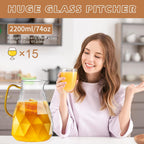 Glass Pitcher, 2.2 Liter Water Pitcher With Lid,Iced Tea Pitcher for Fridge,Carafe With Lid, Glass Water Jug For Juice, Milk, Cold Or Hot Beverages, 2 Quart