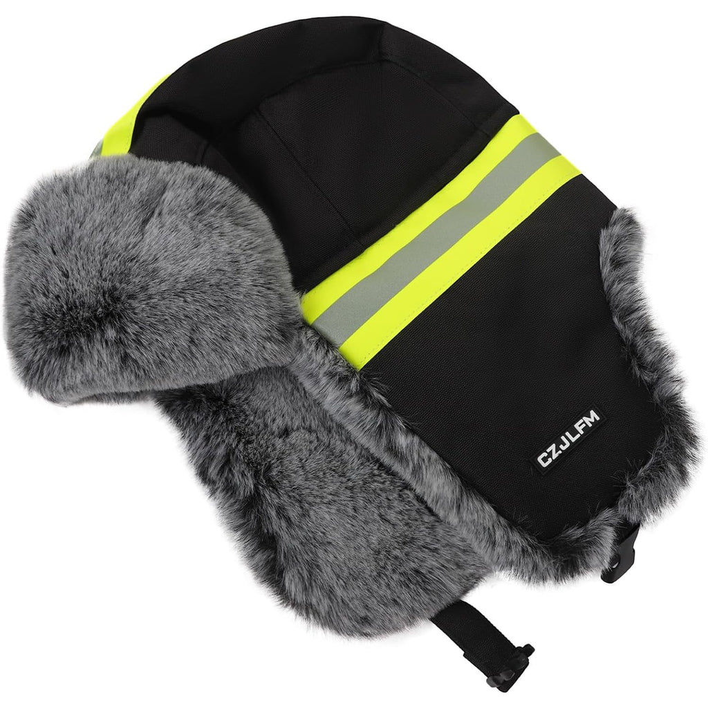 Hi Vis Trapper Hat with Ears Flaps Reflective Strip Trapper Hat Faux Fur Thickened Winter Cold Weather Windproof Skiing Cap