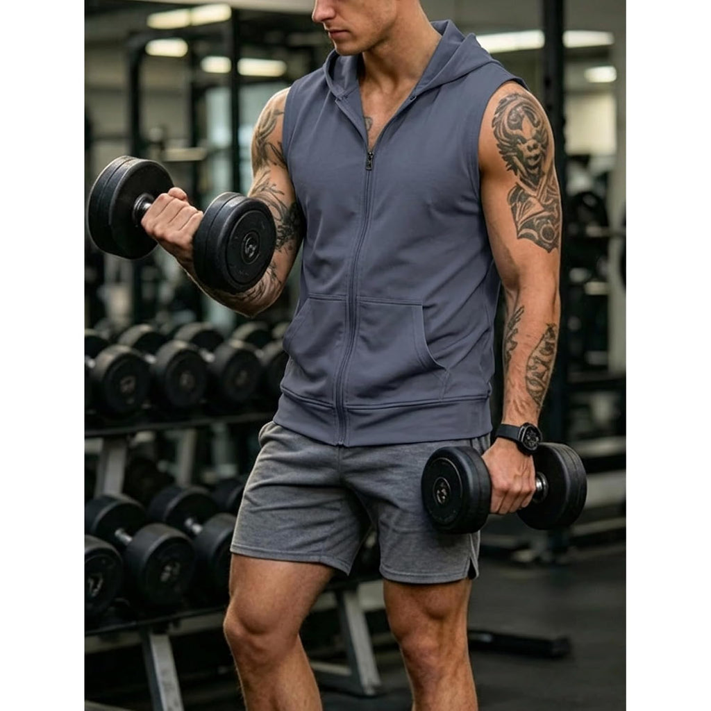 Men'S Workout Hooded Tank Tops Fashion Muscle Zip Up Sleeveless Hooded Slim Fit Gym Cut Off T Shirt