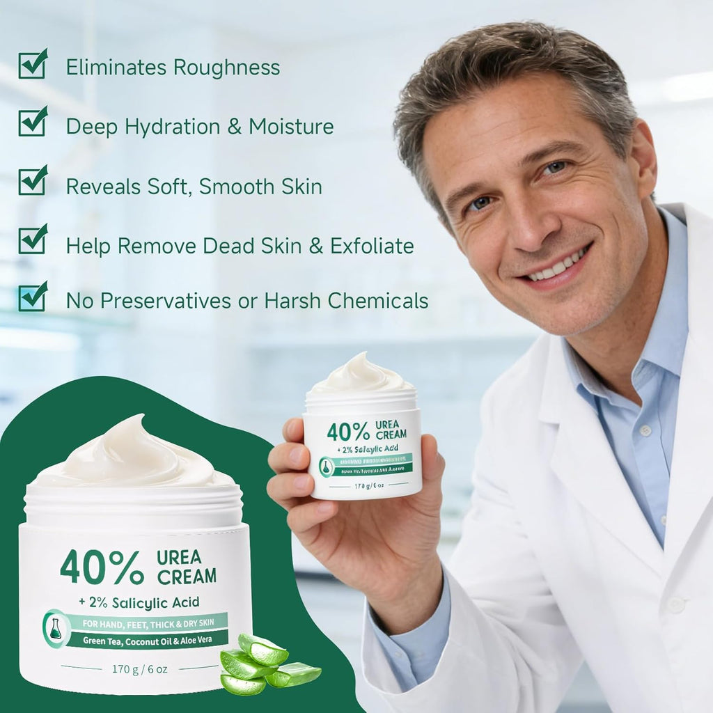 40% Urea Cream for Feet Maximum Strength, Foot Cream for Dry Cracked Heels, Callus Remover with 2% Salicylic Acid, Moisturizer for Hands Elbows Knees Rough Skin