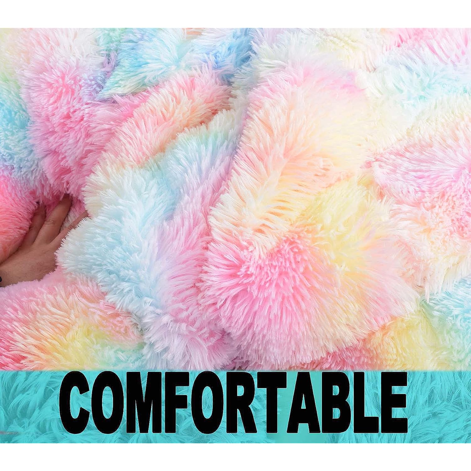 Fluffy Bean Bag Chair For Kids, 2.5Ft Round Memory Foam Filled Bean Bag For Teens & Kids, Ultra Soft Faux Fur Fabric Bean Bag Chairs For Playroom, Living Room, Bedroom, Rainbow