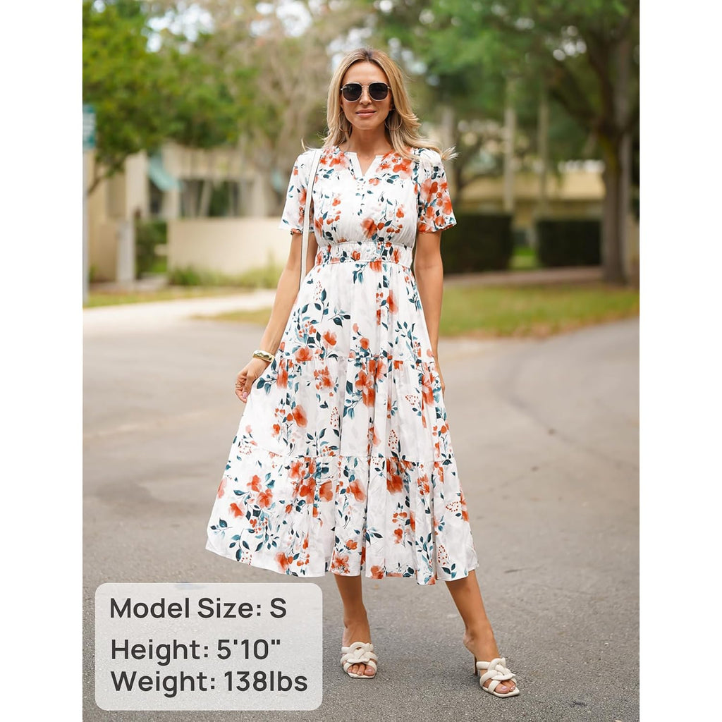 Zesica Women'S 2026 Summer Spring Floral Boho Maxi Dresses Casual Short Sleeve V Neck A Line Flowy Beach Vacation Dress