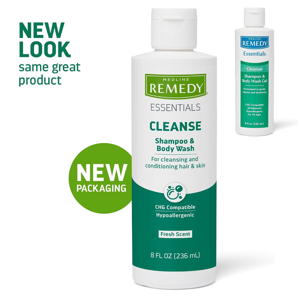 Medline Remedy Essentials Shampoo And Body Wash (8 Fl Oz), Fresh Scent, Full Body Cleanser With Aloe, For Adults & Elderly, Easy Rinse Gel For Bath, Shower Or Bedside Bathing