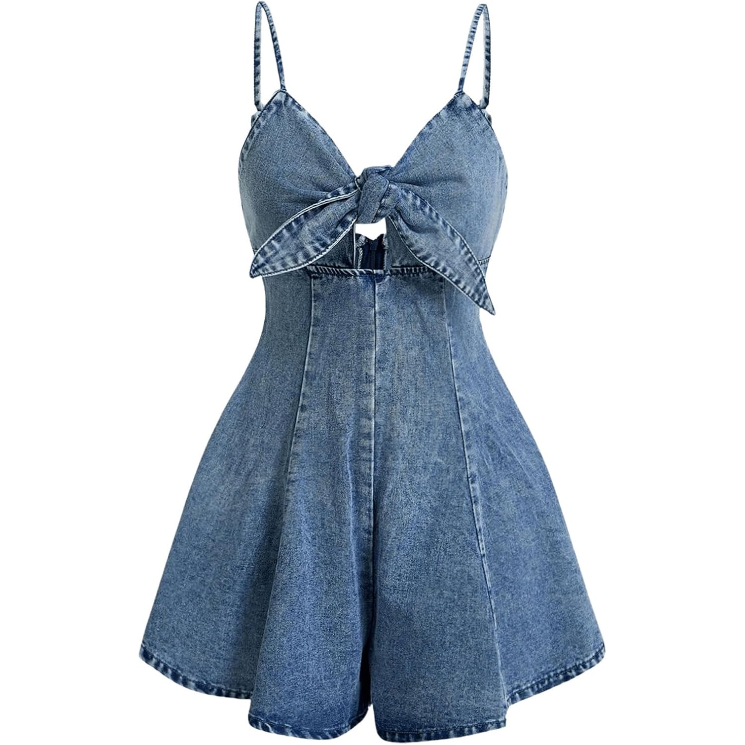 Oyoangle Women'S Vintage Bowknot Spaghetti Strap Denim Romper Sleeveless Wide Leg Jean Short Jumpsuits
