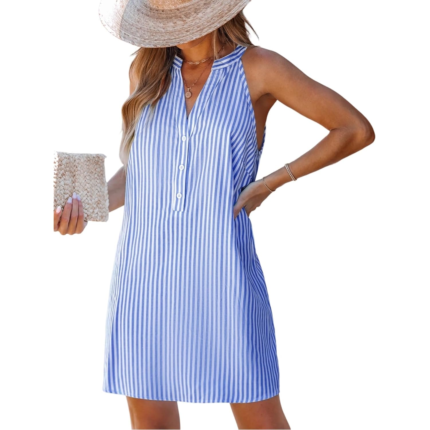 Cupshe Womens Summer Dresses V Neck Sleeveless Striped Button Up Mini Casual Coverup Dress