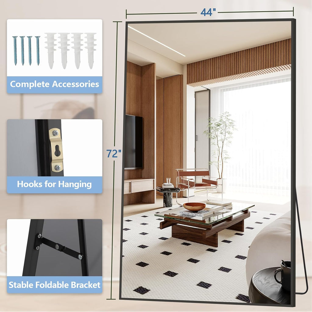 Large Mirror Full Length 72"X44", Oversized Floor Mirror With Stand, Black Free Standing Mirror Full Length For Gym Bedroom Living Room, Hanging Or Wall Mounted, Shatterproof Tempered Glass