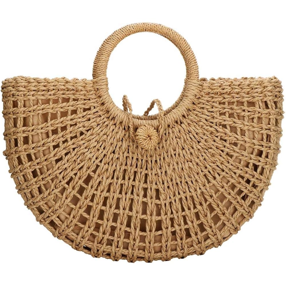 Yyw Straw Bags For Women,Hand-Woven Straw Top-Handle Bag With Round Ring Handle Summer Beach Rattan Tote Handbag
