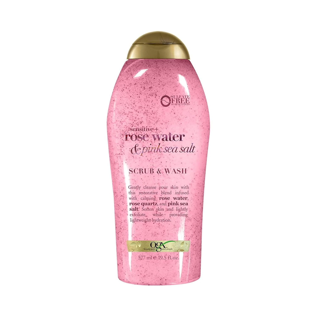 Ogx Sensitive + Rose Water & Pink Sea Salt Exfoliating Body Scrub + Rose Quartz, Gentle Exfoliating Daily Body Wash Softens Skin, Body Scrub For Women, Sulfate-Free Surfactants, 19.5 Fl Oz