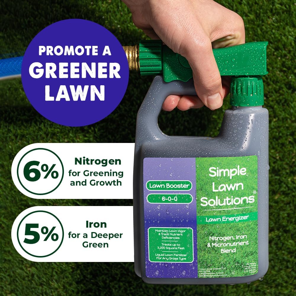 Commercial Grade Lawn Fertilizer With Iron- Liquid Fertilizer Spray- Nitrogen And Iron For Deeper Green Turf- Any Grass Type - Simple Lawn Solutions - Lawn Energizer - 32 Ounce