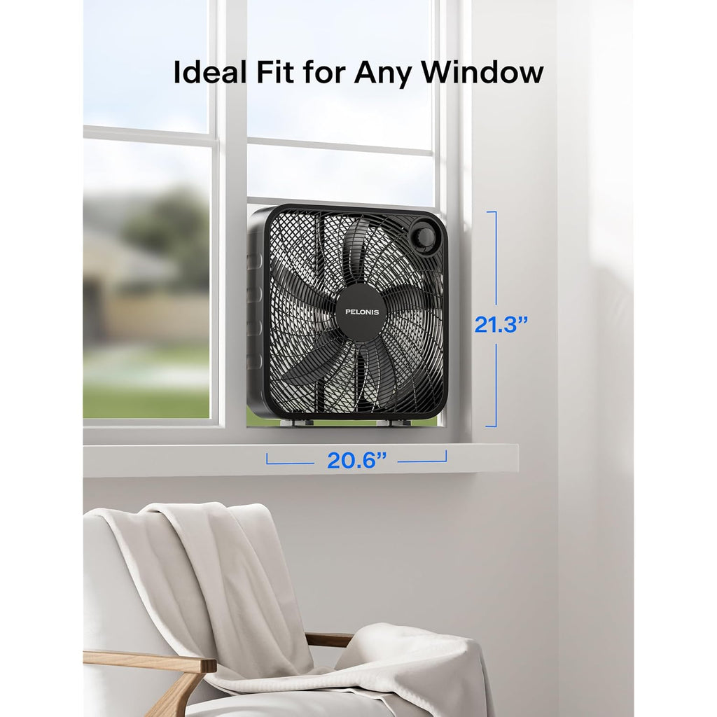 Pelonis 20 Inch Box Fan For Bedroom– 3 Speeds, 25Ft/S, Floor Fan, Window Fan, Table Fan, Desktop Fan With Superior Air Throw (2295 Cfm), Lightweight, 5 Blades, Suitable For Office, Living Room, Garage