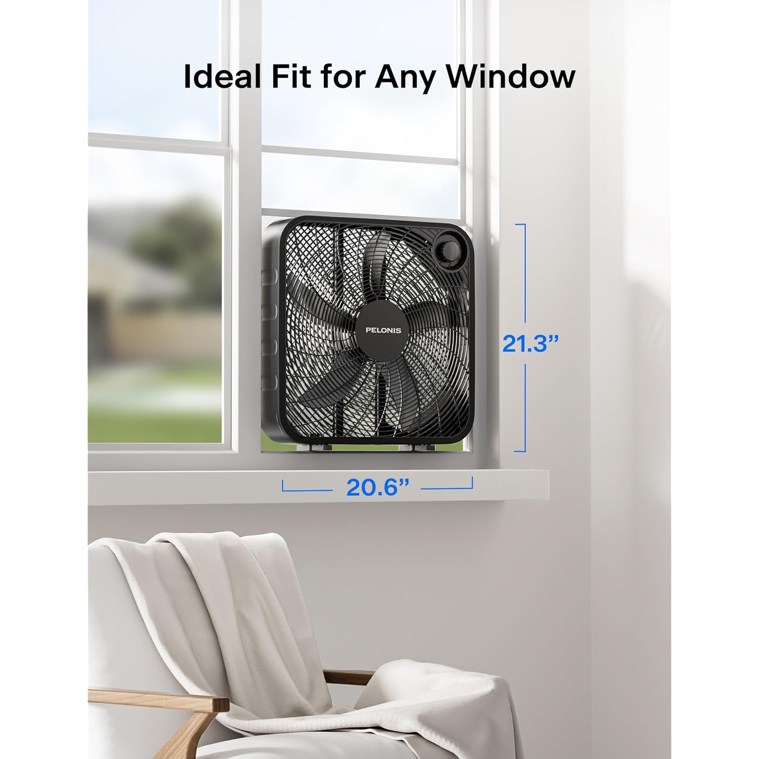 Pelonis 20 Inch Box Fan For Bedroom– 3 Speeds, 25Ft/S, Floor Fan, Window Fan, Table Fan, Desktop Fan With Superior Air Throw (2295 Cfm), Lightweight, 5 Blades, Suitable For Office, Living Room, Garage