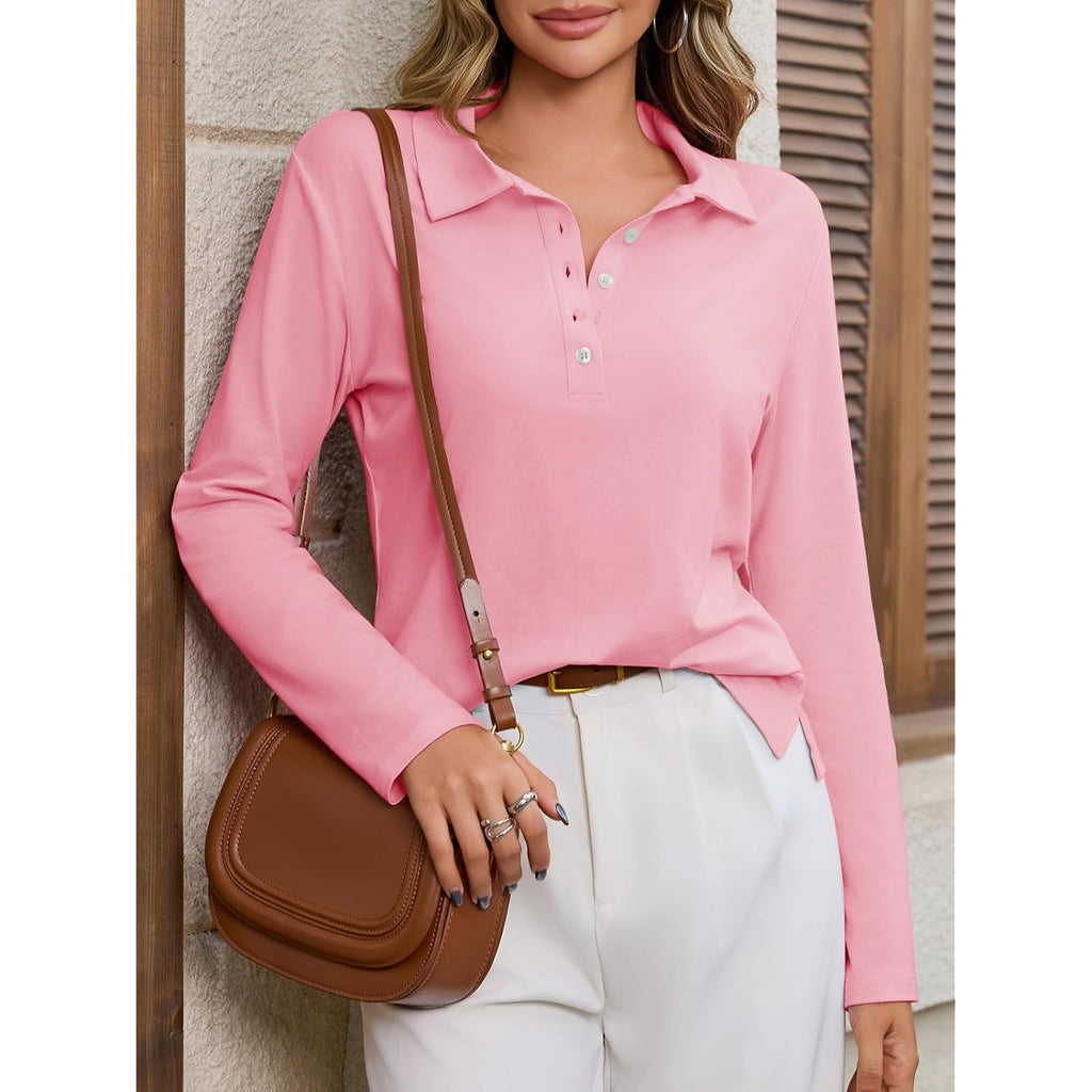 Womens Long Sleeve Polo Shirts Business Work Casual V Neck Collared Tops Button Down Loose Fit Tees Shirts