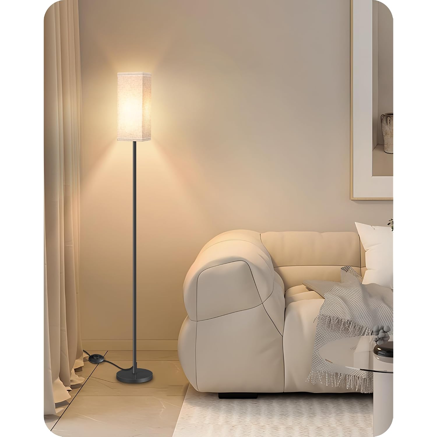 64.6" Floor Lamp, Pole With Foot Switch, Modern Standing Lamp Lampshade, Minimalist Freestanding Lamp (Bulb Not Included), For Living Room, Bedroom Office Etl Listed, Black And Beige E07Ld05
