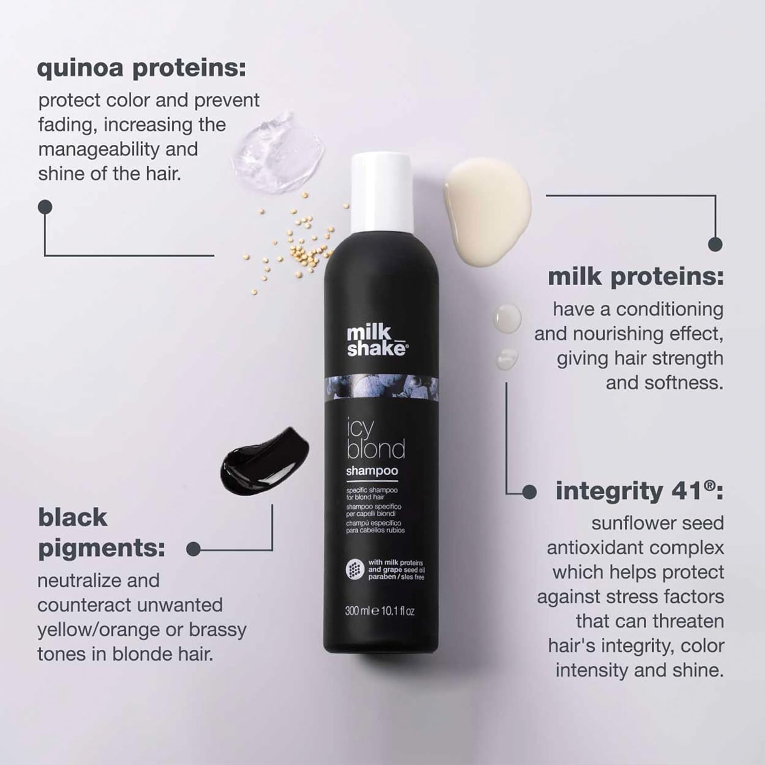milk_shake icy blond shampoo award winning shampoo with black pigment to cool brassy tones and enhance platinum blonde hair ideal for maintaining icy, ash-toned color