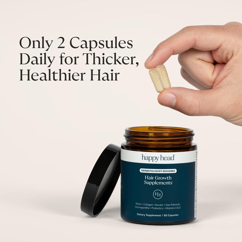 Happy Head Hair Supplement Capsules for Men & Women with Biotin, Collagen, Keratin, Ashwagandha, Vitamins D, Vitamin A, & Saw Palmetto, Daily Hair Care Support Formula, 1 Month Supply, 60 Capsules