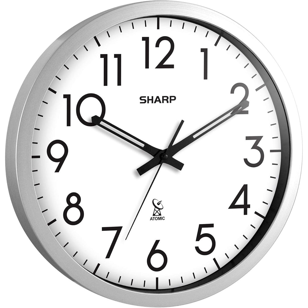 Sharp Atomic Analog Wall Clock - 12" Silver Brushed Finish Sets Automatically- Battery Operated Easy To Read Use: Simple, Style Fits Any Decor