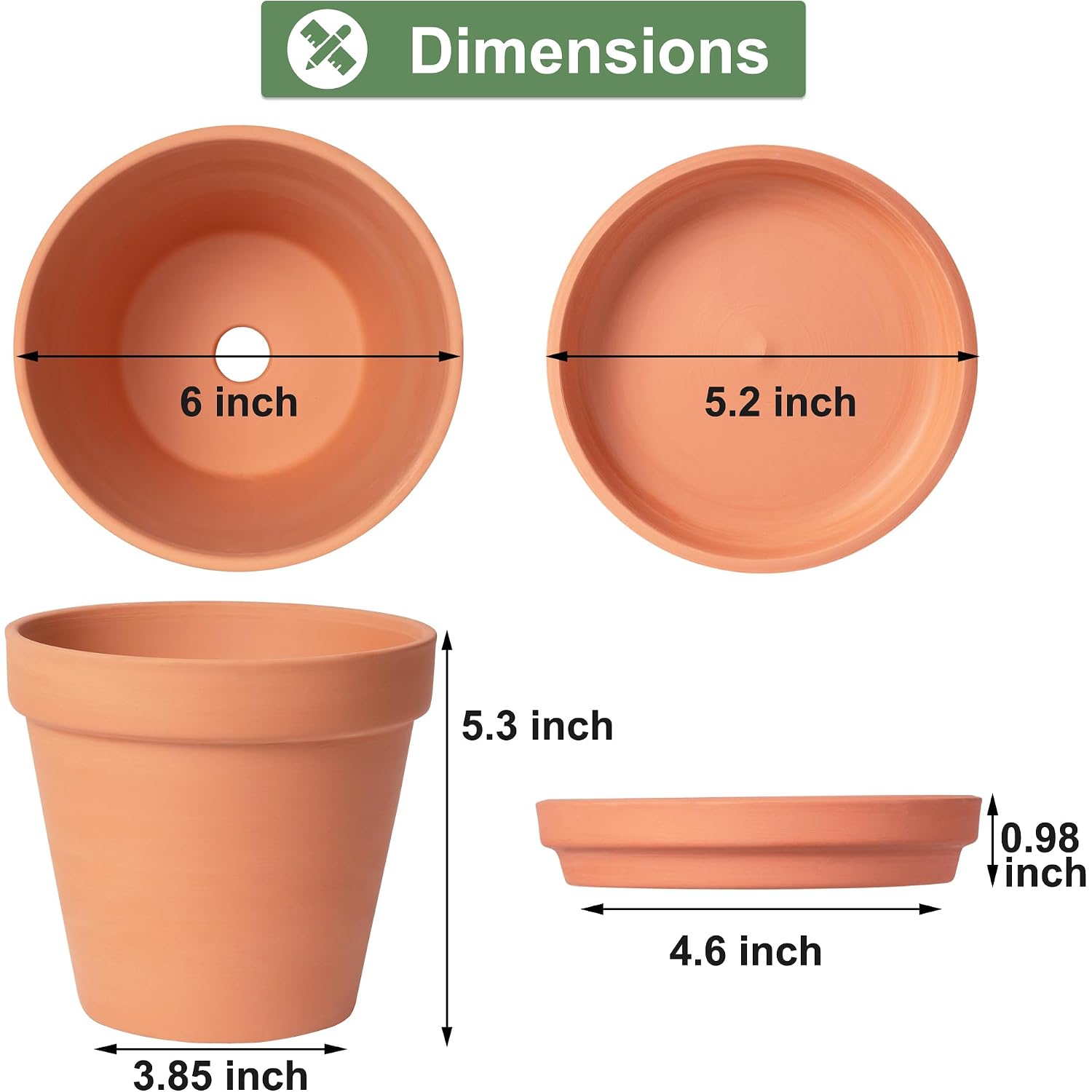 Orceler 6 Inch Terracotta & Clay Pots For Plants With Saucer, Medium Terra Cotta Plant Pots With Drainage Hole, Flowerpot With Tray, Terracotta Pot For Indoor Outdoor Plant - Pack Of 4 Planters