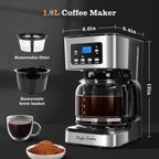 Taylor Swoden 12-Cup Programmable Coffee Maker, Regular & Strong Brew Drip Coffee Machine For Home And Office, Glass Carafe, Pause & Serve, Auto Shut Off, Black & Stainless Steel