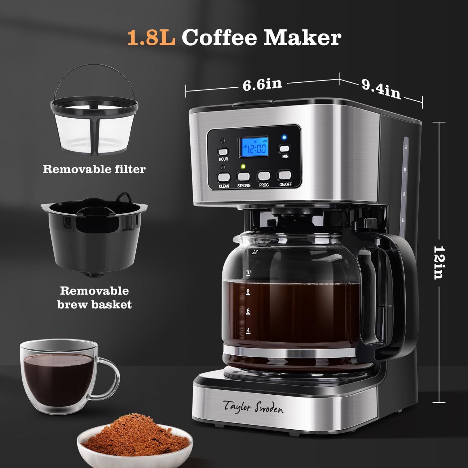 Taylor Swoden 12-Cup Programmable Coffee Maker, Regular & Strong Brew Drip Coffee Machine For Home And Office, Glass Carafe, Pause & Serve, Auto Shut Off, Black & Stainless Steel