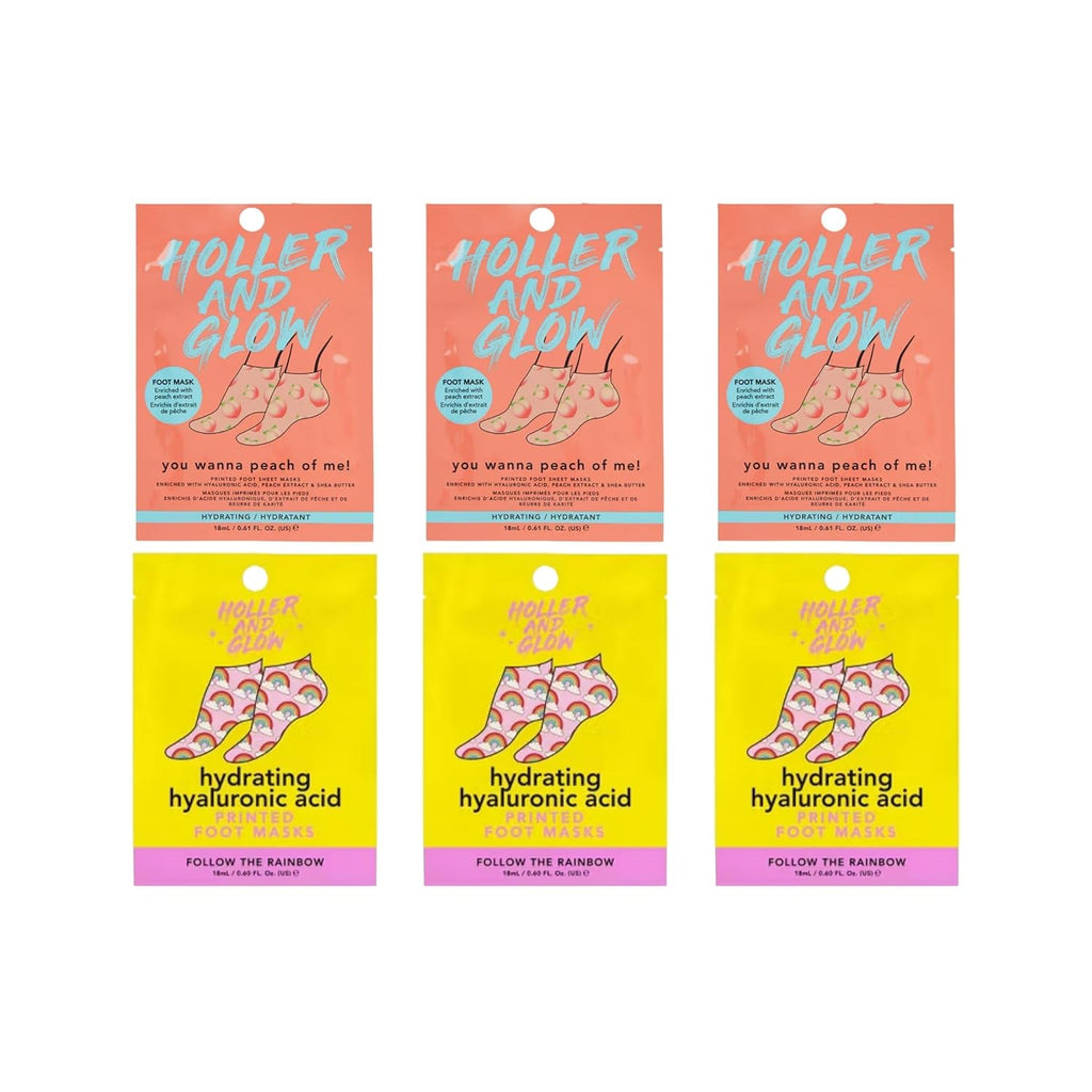 Holler And Glow Printed Foot Mask Variety Pack, Masks For Dry Cracked Feet, Peach & Vanilla Scented, Infused With Hyaluronic Acid, Hydrating Foot Care Treatment, Moisturizing Socks, 6 Piece Set