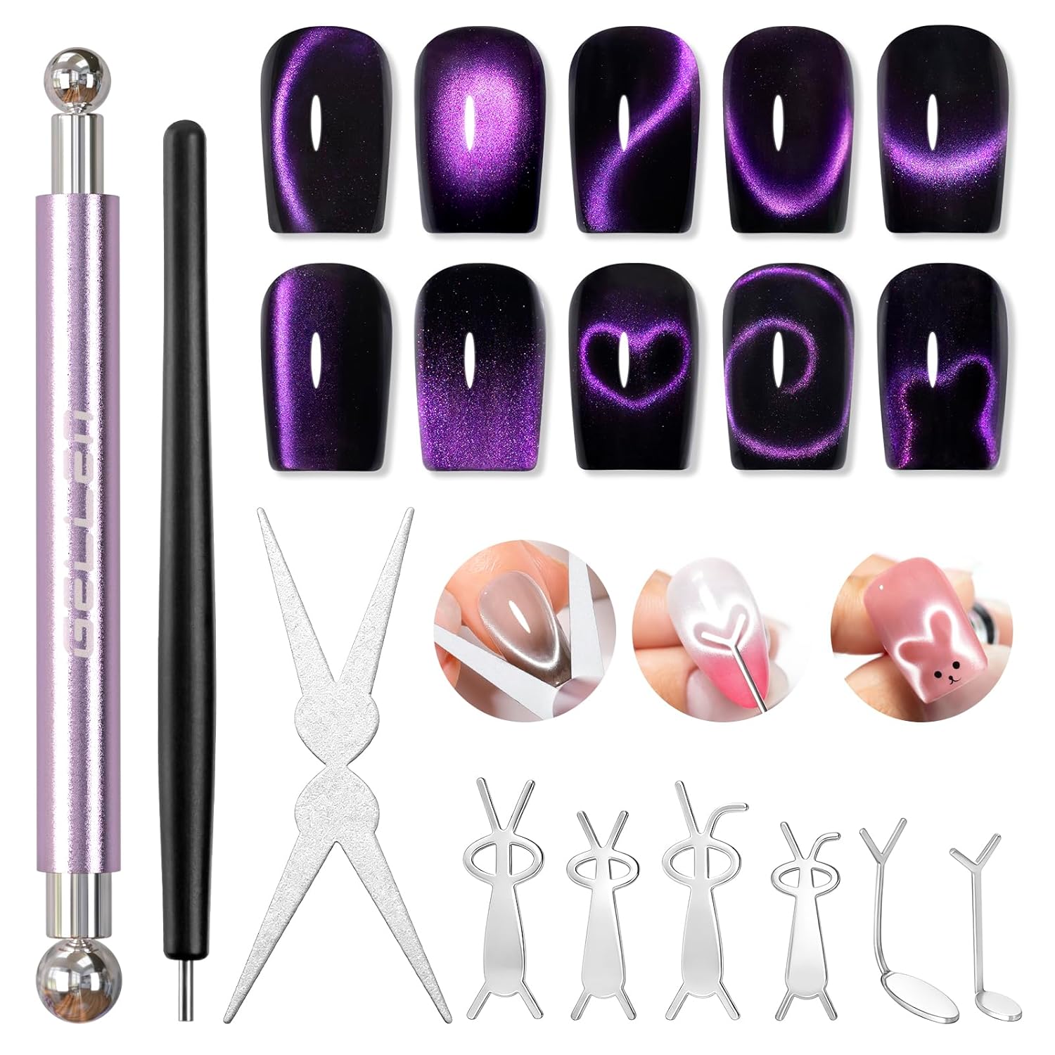 Gellen Cat Eye Magnet for Nails, Strong Magnetic Nail Magnet Set with Double Ended Magnet Pen, 8mm 10mm Ball Magnets, French Tip Cat Eye Guide Plate, Bunny & Heart Design Plates for Gel Nail Polish