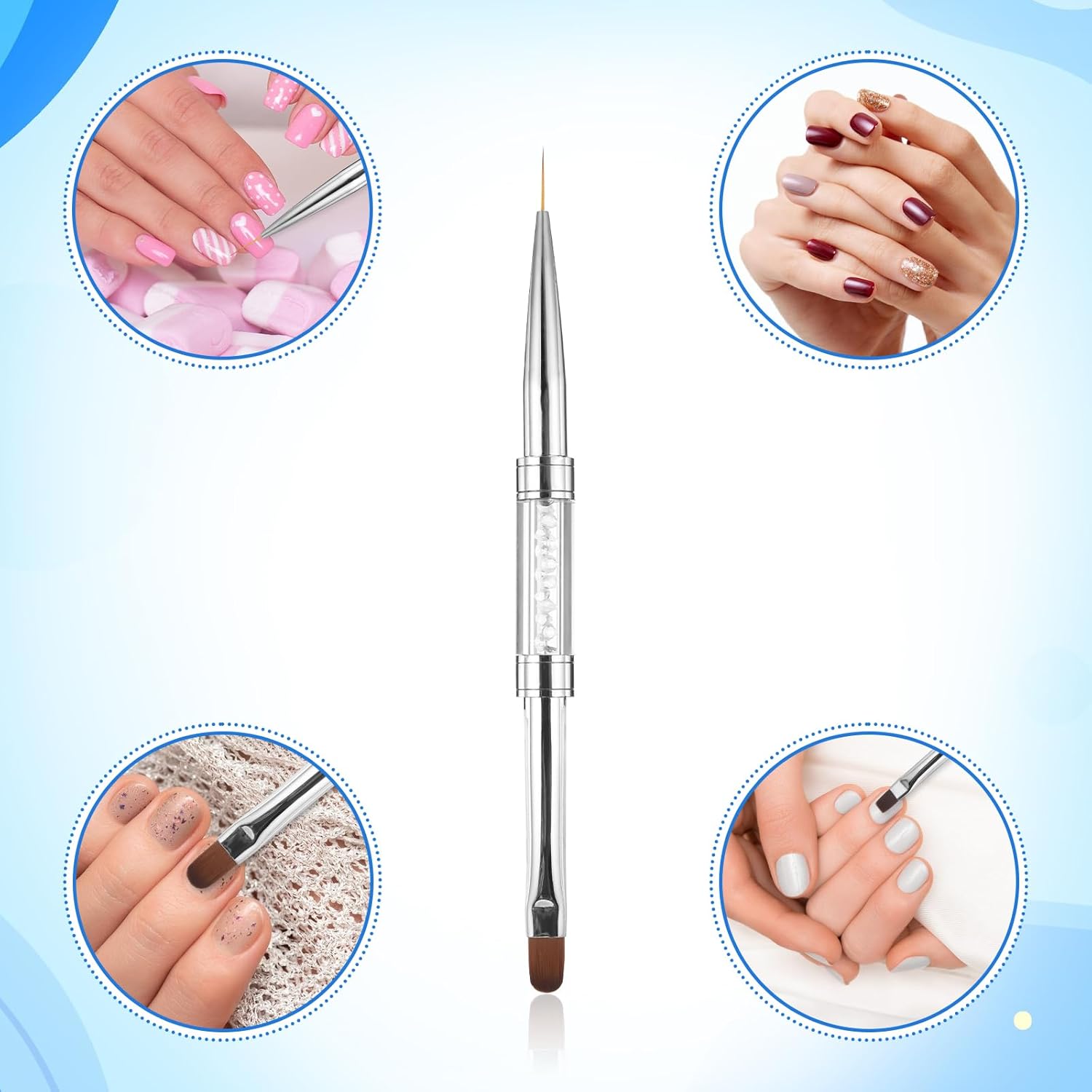 JJUNW 2 Pcs Double Ended Nail Builder Gel Brush, French Tip Brush Hard Gel for Nails, Brush Liner Brush Nails Hard Gel for Design Nails Professional Nail Art(White)