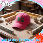 Mahjong Print Trucker Hat Mahj Squad Embroidered Cap Mahj Cap Foam Trucker Hat for Mahjong Accessories Party Gifts Deep Pink