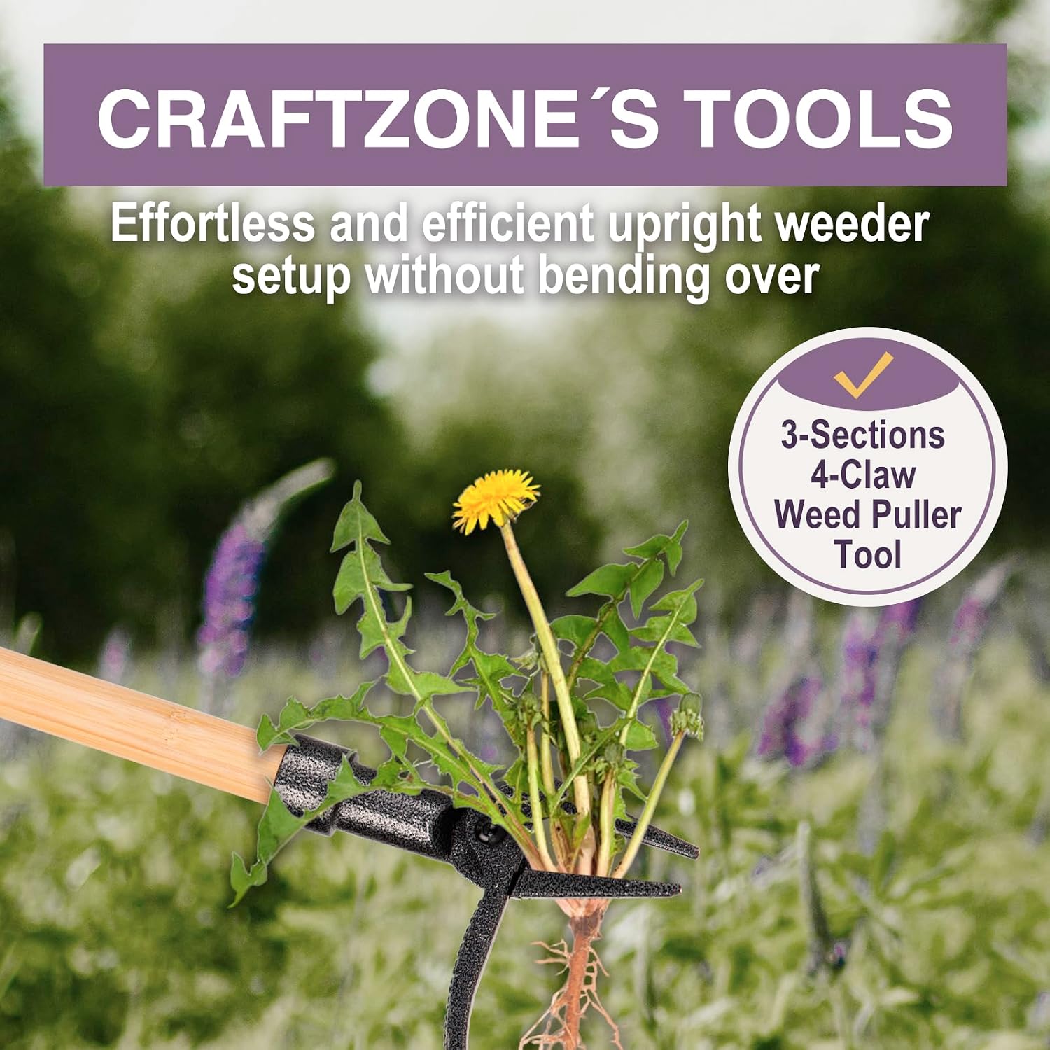 Weed Puller Stand Up Weed Puller Tool With Wooden Long Handle Foot Platform Design 4-Claw Steel Head & Removable 3-Section Pole Garden Tools-Easily Remove Weeds Without Bending Or Kneeling
