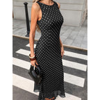 Elleven Women’S Polka Dot Maxi Tank Dress, Sleeveless Boat Neck Bodycon Slim Fit Elegant Long Dress