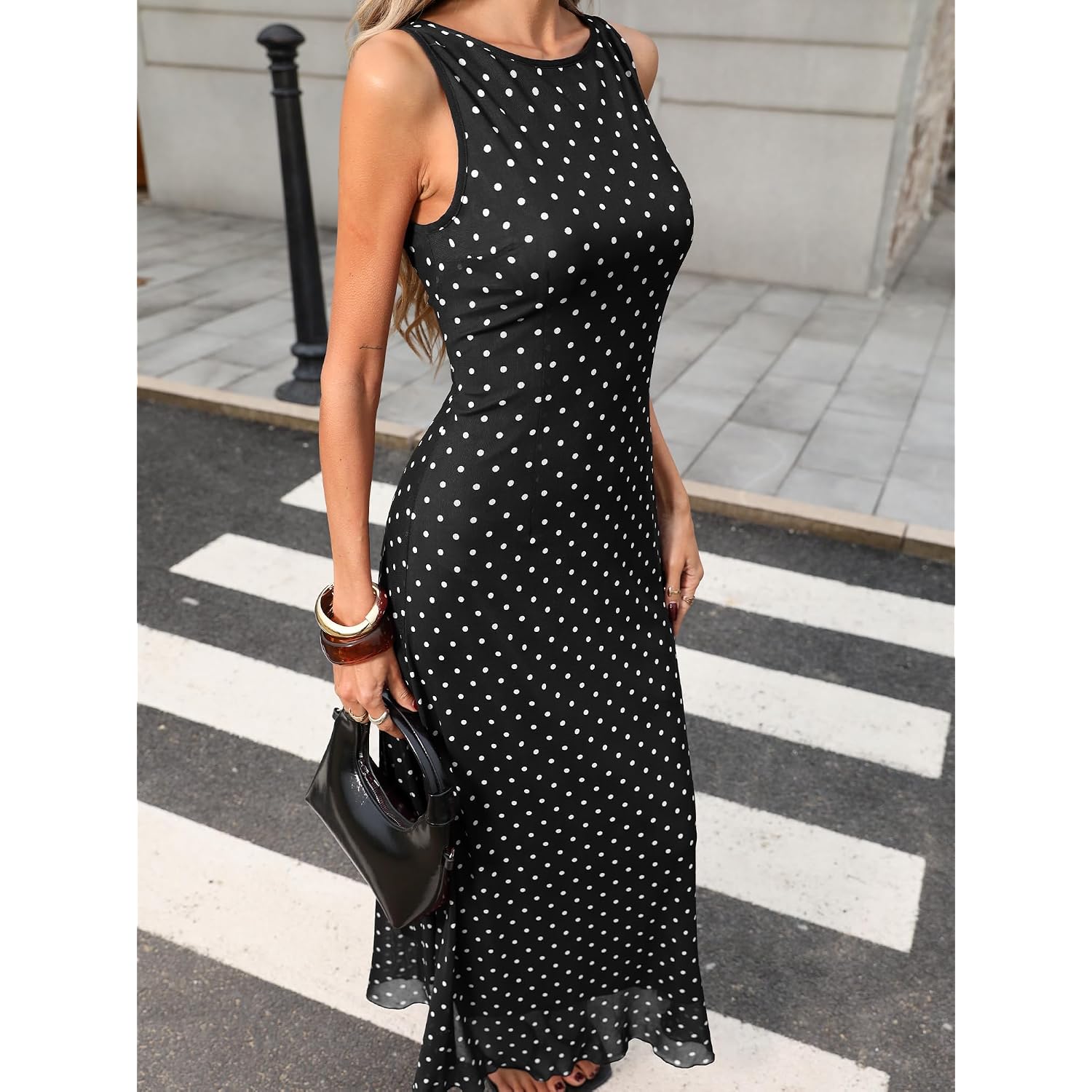 Elleven Women’S Polka Dot Maxi Tank Dress, Sleeveless Boat Neck Bodycon Slim Fit Elegant Long Dress
