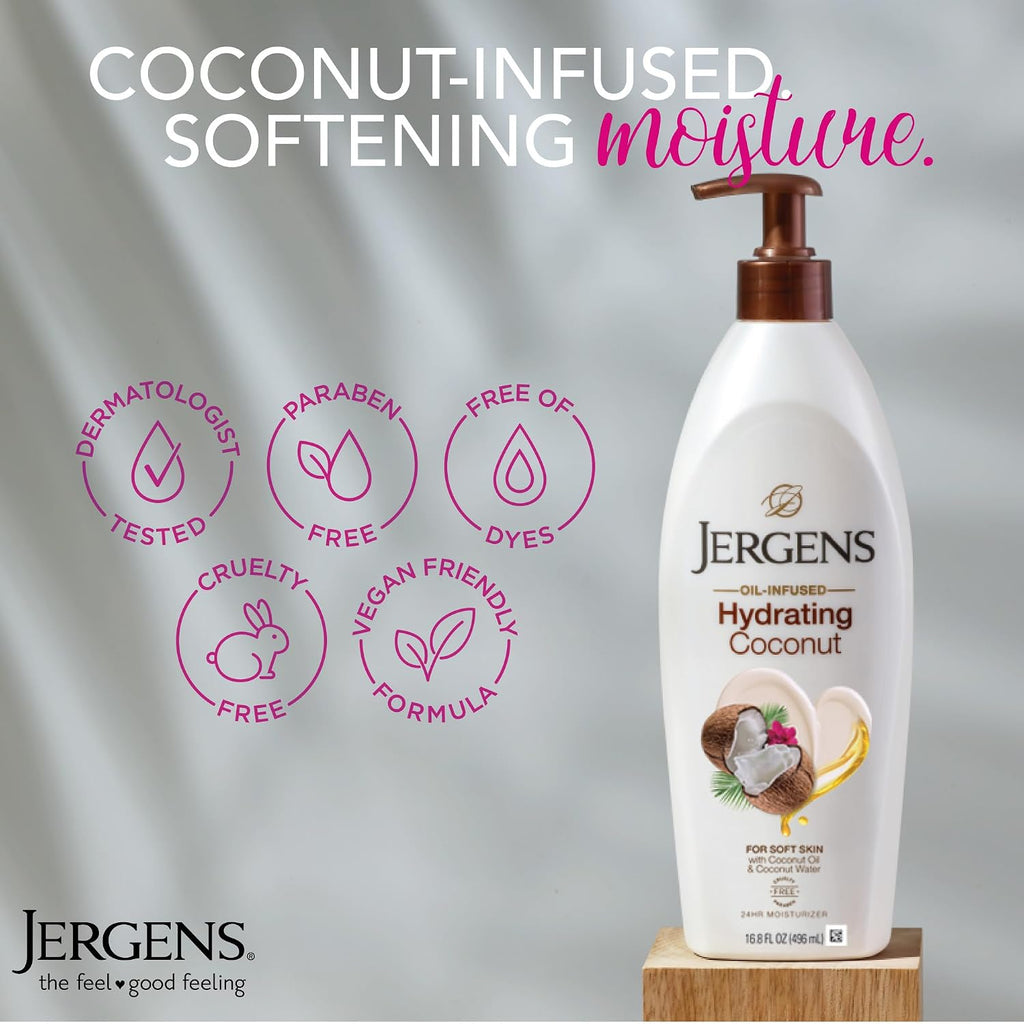 Jergens Hydrating Coconut Body Lotion For Dry To Extra Dry Skin, Moisturizer That Instantly Hydrates Skin With Coconut Oil, Dermatologist Tested, 16.8 Oz