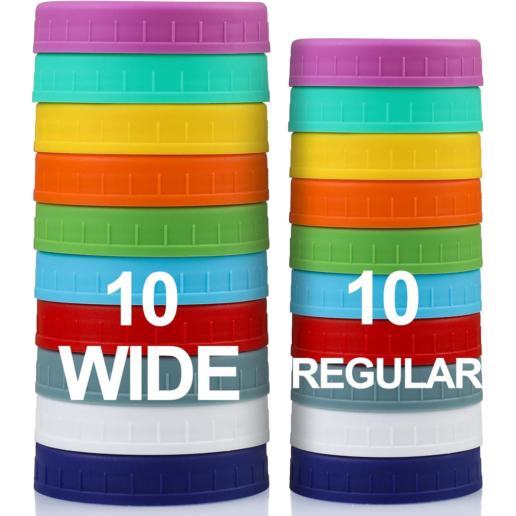 AOZITA 10 WIDE Mouth & 10 REGULAR Mouth Mason Jar Lids - 20 Pack Food Grade Plastic Mason Jar Caps for Ball, Kerr and More Canning Jars - Leakproof & Dishwasher Safe - Multicolor
