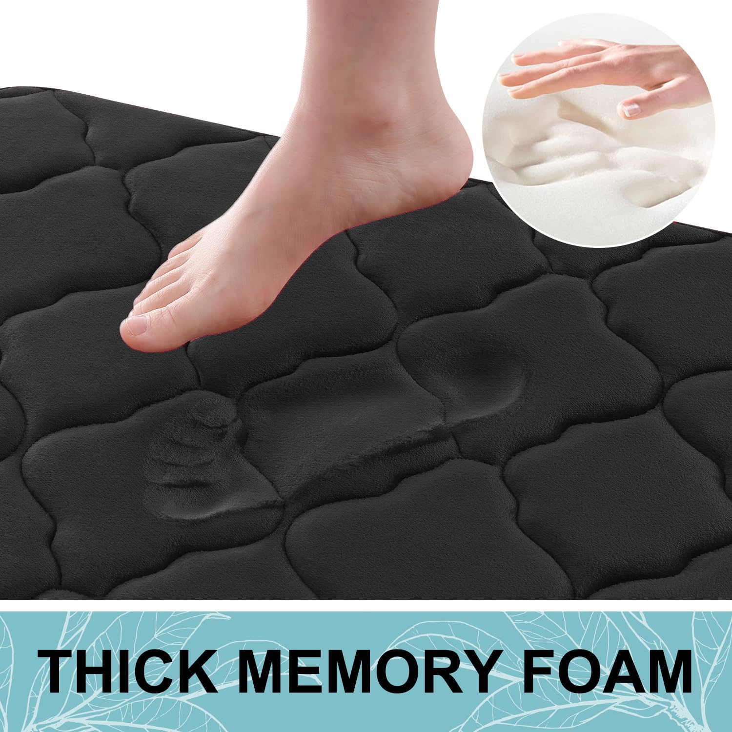 OLANLY Memory Foam Bath Mat Rug 24x16, Ultra Soft and Absorbent Bathroom Rugs, Non-Slip, Comfortable, Machine Washable Bath Carpet for Bathroom Floor, Tub, Shower and Home Decor Accessories, Black