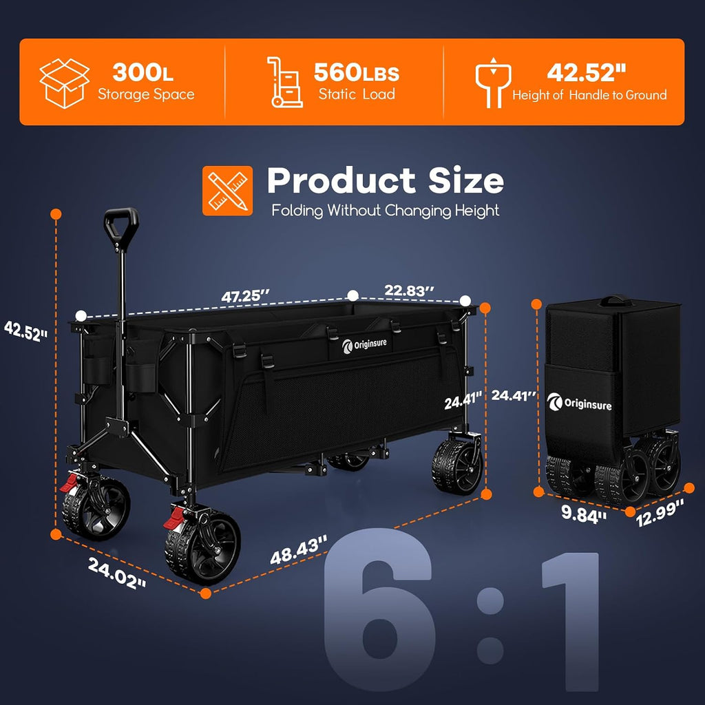 Originsure 48" L Collapsible Wagon Cart Foldable, 560Lbs Weight Capacity 300L Heavy Duty Folding Beach Wagons With Big All-Terrain Wheels, Utility Carts For Groceries, Camping, Sports - Black