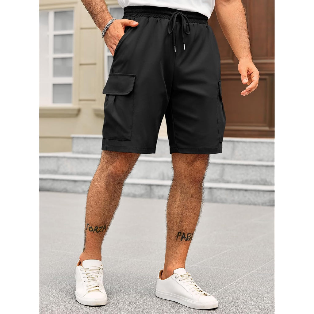 Runcati Mens Cargo Shorts Elastic Waist Drawstring Lightweight Shorts Summer Hiking Casual Shorts With Pockets No Lining