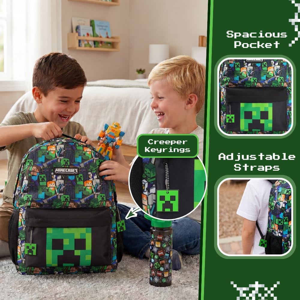 Minecraft Steve & Creeper Multicolour Backpack | Graphic Print Zip-Up Bag For Back To School | Kids Carrying Books | Unisex Kids Merch