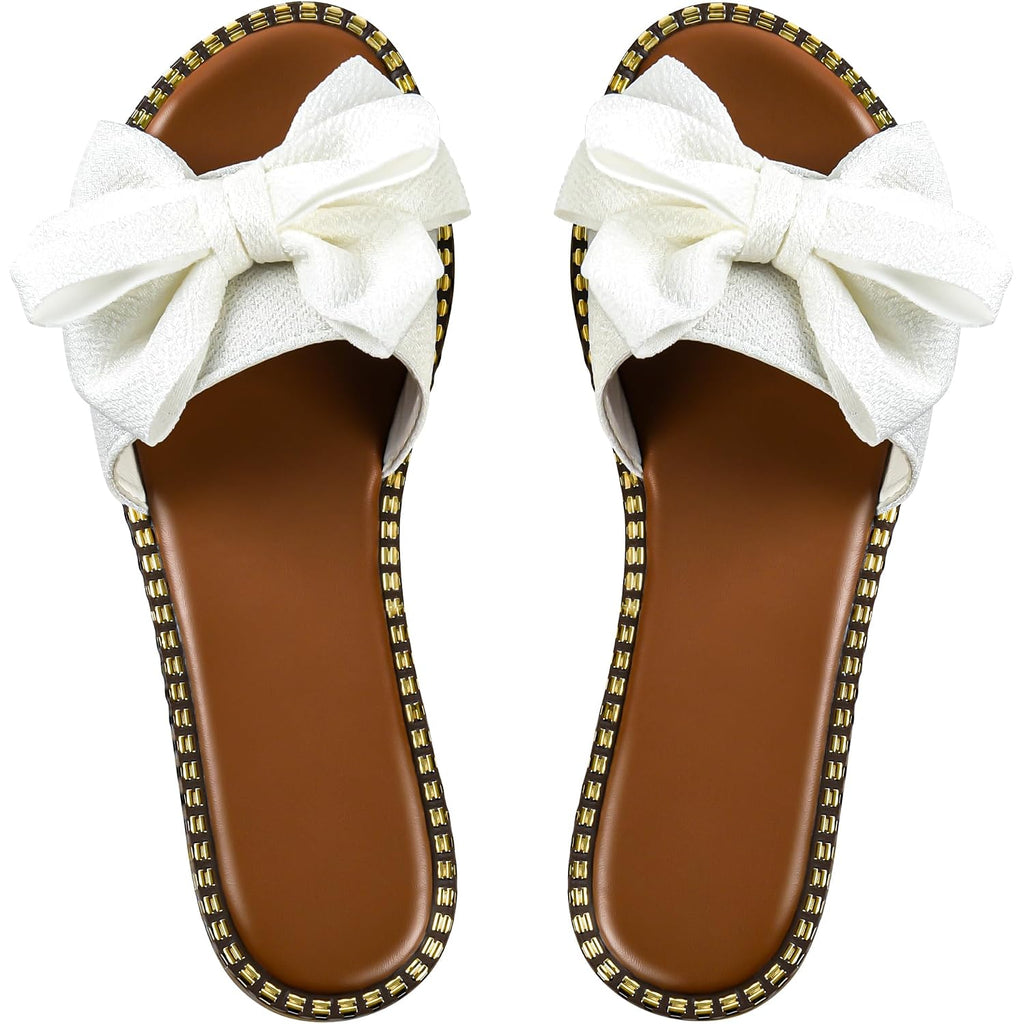 Sksshion Women'S Bow Knot Slides Open Toe Flat Sandals Summer Slip On Slippers